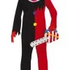 Enge Lachende Rood Zwarte Clown Man Kostuum