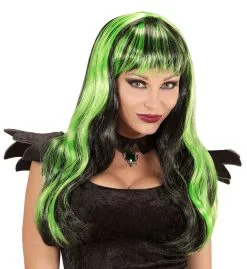 Lange Pruik, Halloween Zwart / Groen
