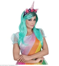 Eenhoorn Blauwgroene Pruik Met Bloemetjes Hoofdband -Sprookjeskleding Verkoopwinkel wdm 2018 46942 3 1